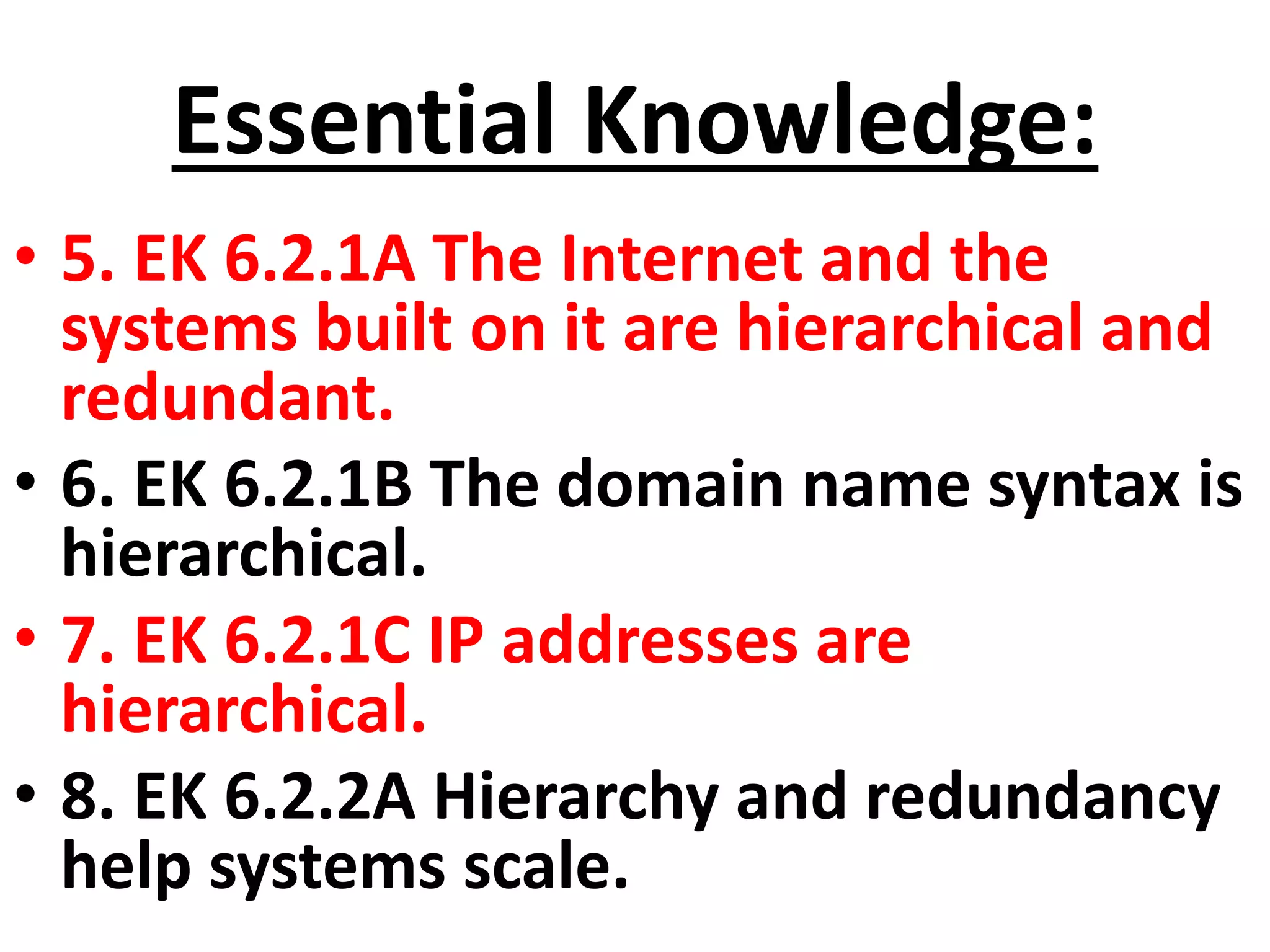 Essential Knowledge:
• 5. EK 6.2.1A The Internet and the
systems built on it are hierarchical and
redundant.
• 6. EK 6.2.1B The domain name syntax is
hierarchical.
• 7. EK 6.2.1C IP addresses are
hierarchical.
• 8. EK 6.2.2A Hierarchy and redundancy
help systems scale.
 