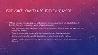 EXIT-VOICE-LOYALTY-NEGLECT (EVLN) MODEL
• EVLN is a template for organizing and understanding the consequences of job dissatisfaction. It
identifies four ways employees respond to job dissatisfaction.
• Exit – includes leaving the organization, transferring to another work unit, or at least trying to get away from
dissatisfying situation.
• Voice – is any attempt to change, rather than to escape from, the dissatisfying situation.
• Loyalty – employees who respond to dissatisfaction by patiently waiting (suffer in silence)
• Neglect – includes reducing work effort, paying less attention to quality, and increasing absenteeism and
lateness.
 