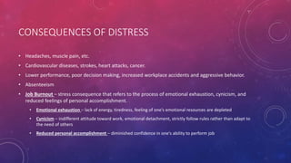 CONSEQUENCES OF DISTRESS
• Headaches, muscle pain, etc.
• Cardiovascular diseases, strokes, heart attacks, cancer.
• Lower performance, poor decision making, increased workplace accidents and aggressive behavior.
• Absenteeism
• Job Burnout – stress consequence that refers to the process of emotional exhaustion, cynicism, and
reduced feelings of personal accomplishment.
• Emotional exhaustion – lack of energy, tiredness, feeling of one’s emotional resources are depleted
• Cynicism – indifferent attitude toward work, emotional detachment, strictly follow rules rather than adapt to
the need of others
• Reduced personal accomplishment – diminished confidence in one’s ability to perform job
 