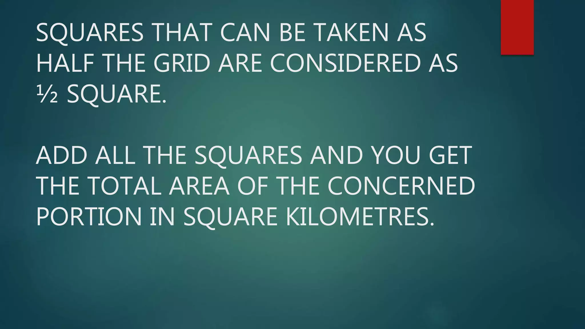 SQUARES THAT CAN BE TAKEN AS
HALF THE GRID ARE CONSIDERED AS
½ SQUARE.
ADD ALL THE SQUARES AND YOU GET
THE TOTAL AREA OF THE CONCERNED
PORTION IN SQUARE KILOMETRES.