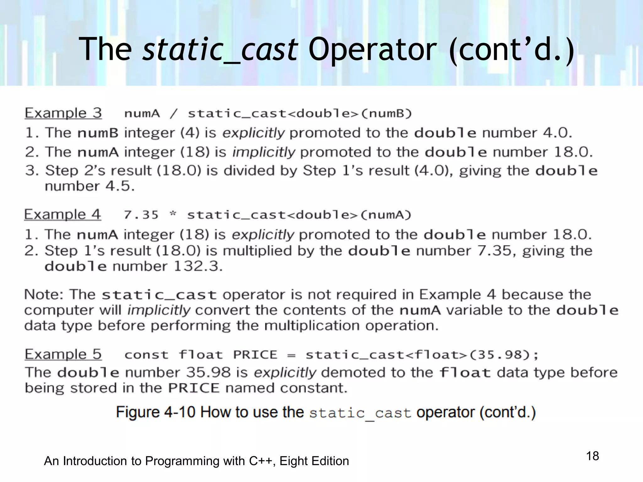An Introduction to Programming with C++, Eight Edition
The static_cast Operator (cont’d.)
18
 