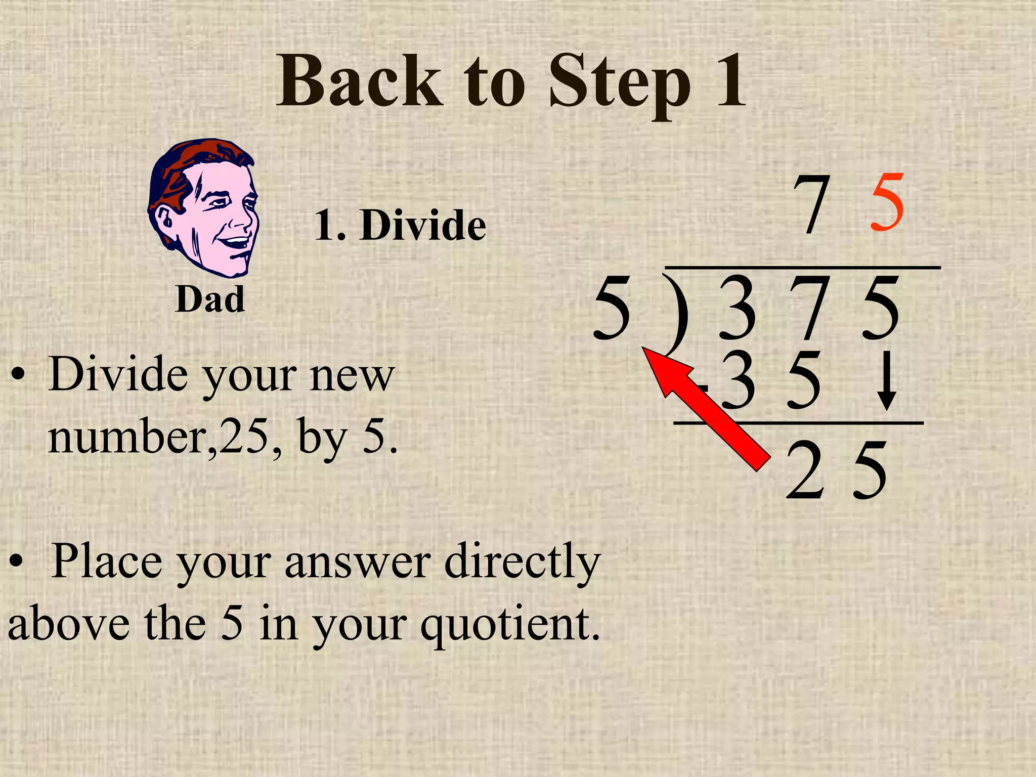 Back to Step 1
• Divide your new
number,25, by 5.
5 ) 3 7 5
• Place your answer directly
above the 5 in your quotient.
7
1. Divide
3 5
2 5
Dad
5
 