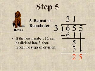 Step 5
• If the new number, 25, can
be divided into 3, then
repeat the steps of division.
3 ) 6 5 5
2
5. Repeat or
Remainder
6
5
1
3
2 5
Rover
 