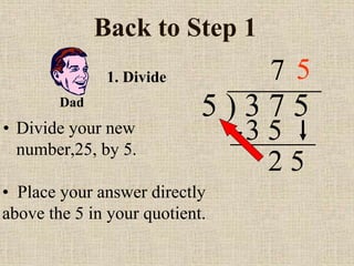 Back to Step 1
• Divide your new
number,25, by 5.
5 ) 3 7 5
• Place your answer directly
above the 5 in your quotient.
7
1. Divide
3 5
2 5
Dad
5
 