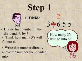 Step 1
• Divide first number in the
dividend, 6, by 3
3 ) 6 5 5
• Think how many 3’s will
fit into 6.
2
How many 3’s
will go into 6?
• Write that number directly
above the number you divided
into.
Dad
1. Divide
 