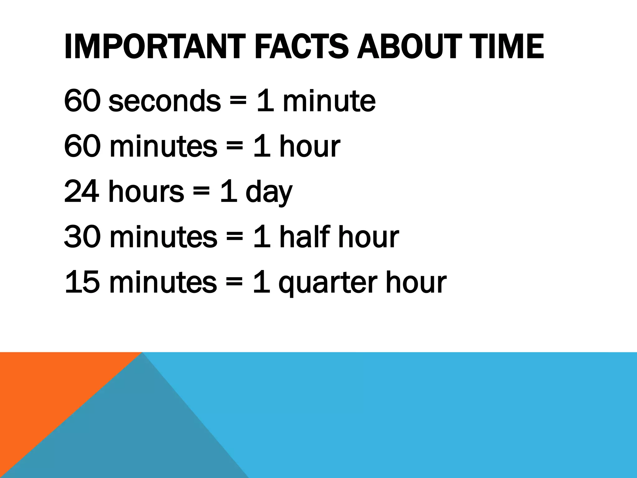 IMPORTANT FACTS ABOUT TIME
60 seconds = 1 minute
60 minutes = 1 hour
24 hours = 1 day
30 minutes = 1 half hour
15 minutes = 1 quarter hour
 