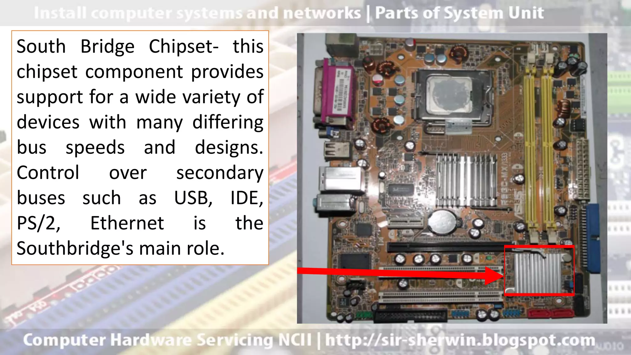 South Bridge Chipset- this
chipset component provides
support for a wide variety of
devices with many differing
bus speeds and designs.
Control over secondary
buses such as USB, IDE,
PS/2, Ethernet is the
Southbridge's main role.
 