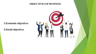 OBJECTIVES OF BUSINESS
1.Economic objectives
2.Social objectives
 