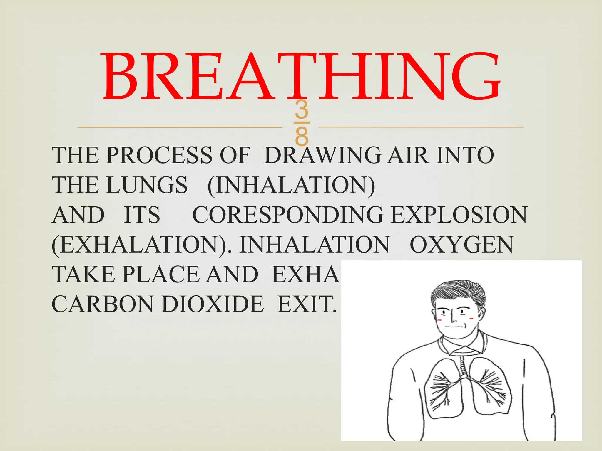 
THE PROCESS OF DRAWING AIR INTO
THE LUNGS (INHALATION)
AND ITS CORESPONDING EXPLOSION
(EXHALATION). INHALATION OXYGEN
TAKE PLACE AND EXHALATION
CARBON DIOXIDE EXIT.
BREATHING
 