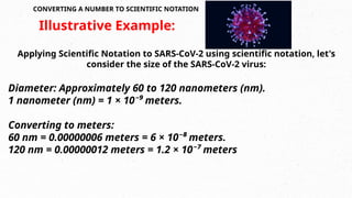 CONVERTING A NUMBER TO SCIENTIFIC NOTATION
Applying Scientific Notation to SARS-CoV-2 using scientific notation, let's
consider the size of the SARS-CoV-2 virus:
Diameter: Approximately 60 to 120 nanometers (nm).
1 nanometer (nm) = 1 × 10⁻⁹ meters.
Converting to meters:
60 nm = 0.00000006 meters = 6 × 10⁻⁸ meters.
120 nm = 0.00000012 meters = 1.2 × 10⁻⁷ meters
Illustrative Example:
 