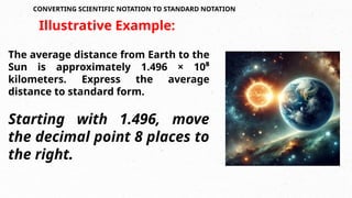 CONVERTING SCIENTIFIC NOTATION TO STANDARD NOTATION
The average distance from Earth to the
Sun is approximately 1.496 × 10⁸
kilometers. Express the average
distance to standard form.
Starting with 1.496, move
the decimal point 8 places to
the right.
Illustrative Example:
 