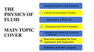THE
PHYSICS OF
FLUID
MAIN TOPIC
COVER
Hydraulic Systems and Pressure
Pascal’s and Archimedes’ Principles
Activities and Mini projects
Real time examples for Fluid
mechanics and Hydraulics
Integration with Simple and Compound
Machines
Buoyancy and Fluid Properties
Applications in Real Life
 