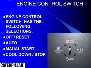 ENGINE CONTROL SWITCH
ENGINE CONTROL
SWITCH HAS THE
FOLLOWING
SELECTIONS.
OFF/ RESET
AUTO
MAUAL START
COOL DOWN / STOP
AUTO
MANUAL
START
STOP
OFF - RESET
 