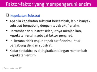Faktor-faktor yang mempengaruhi enzim

  Kepekatan Substrat
  Apabila kepekatan substrat bertambah, lebih banyak
   substrat bergabung dengan tapak aktif enzim.
  Pertambahan substrat selanjutnya menjadikan,
   kepekatan enzim sebagai faktor penghad.
  Ini kerana tidak wujud tapak aktif enzim untuk
   bergabung dengan substrat.
  Kadar tindakbalas ditingkatkan dengan menambah
   kepekatan enzim.


Buku teks ms 77
 
