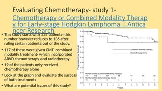 Evaluating Chemotherapy- study 1-
Chemotherapy or Combined Modality Therap
y for Early-stage Hodgkin Lymphoma | Antica
ncer Research
• This study starts with 337 patients- this
number however reduces to 136 after
ruling certain patients out of the study.
• 117 of these were given CMT- combined
modality treatment- which incorporated
ABVD chemotherapy and radiotherapy
• 19 of the patients only received
chemotherapy alone
• Look at the graph and evaluate the success
of both treatments
• What are potential issues of this study?
 