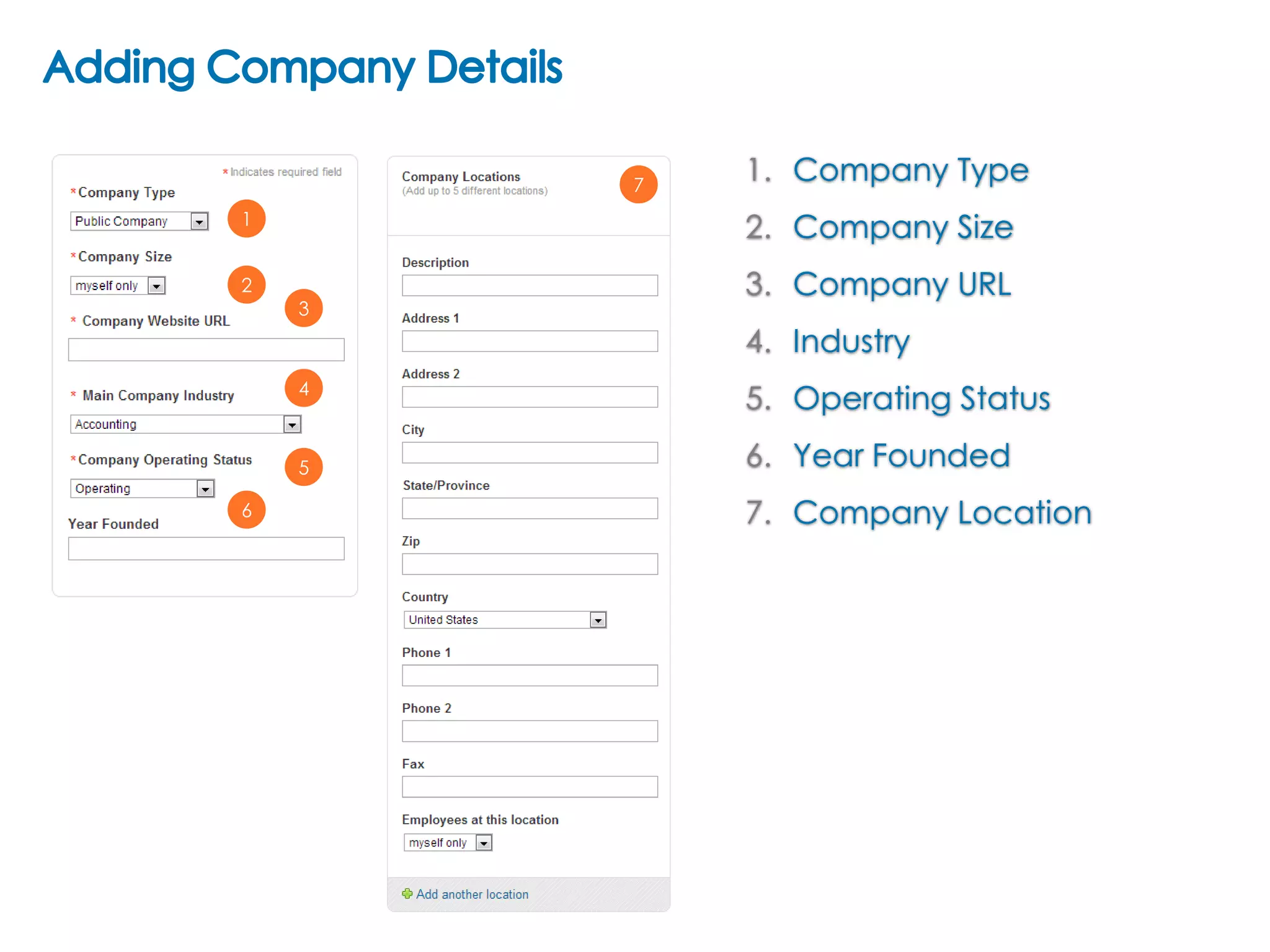 7

2. Company Size

1
2

1. Company Type

3

3. Company URL
4. Industry

4

5
6

5. Operating Status

6. Year Founded
7. Company Location

 