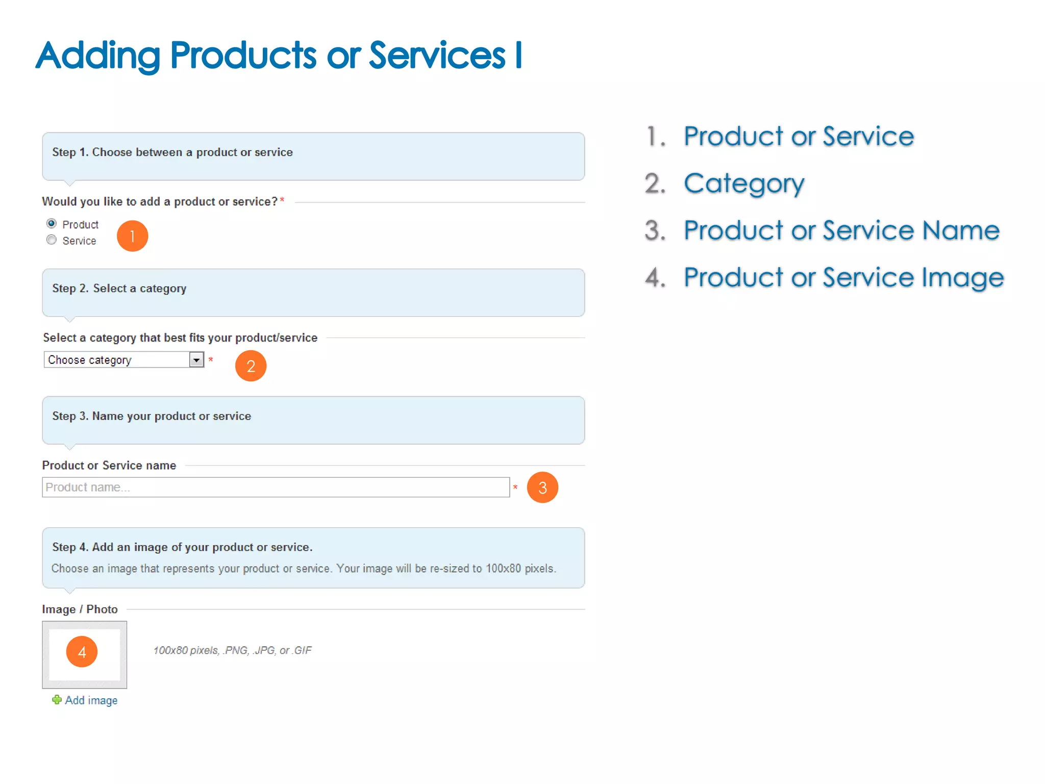 1. Product or Service
2. Category
3. Product or Service Name

1

4. Product or Service Image
2

3

4

 