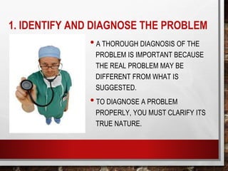 • A THOROUGH DIAGNOSIS OF THE
PROBLEM IS IMPORTANT BECAUSE
THE REAL PROBLEM MAY BE
DIFFERENT FROM WHAT IS
SUGGESTED.
• TO DIAGNOSE A PROBLEM
PROPERLY, YOU MUST CLARIFY ITS
TRUE NATURE.
1. IDENTIFY AND DIAGNOSE THE PROBLEM
 