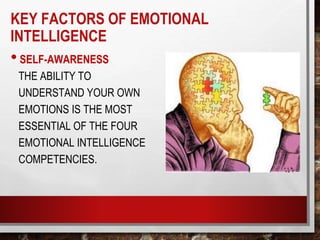 KEY FACTORS OF EMOTIONAL
INTELLIGENCE
•SELF-AWARENESS
THE ABILITY TO
UNDERSTAND YOUR OWN
EMOTIONS IS THE MOST
ESSENTIAL OF THE FOUR
EMOTIONAL INTELLIGENCE
COMPETENCIES.
 