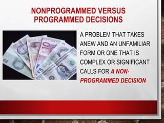 NONPROGRAMMED VERSUS
PROGRAMMED DECISIONS
A PROBLEM THAT TAKES
ANEW AND AN UNFAMILIAR
FORM OR ONE THAT IS
COMPLEX OR SIGNIFICANT
CALLS FOR A NON-
PROGRAMMED DECISION
 