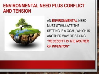ENVIRONMENTAL NEED PLUS CONFLICT
AND TENSION
AN ENVIRONMENTAL NEED
MUST STIMULATE THE
SETTING IF A GOAL, WHICH IS
ANOTHER WAY OF SAYING,
"NECESSITY IS THE MOTHER
OF INVENTION"
 