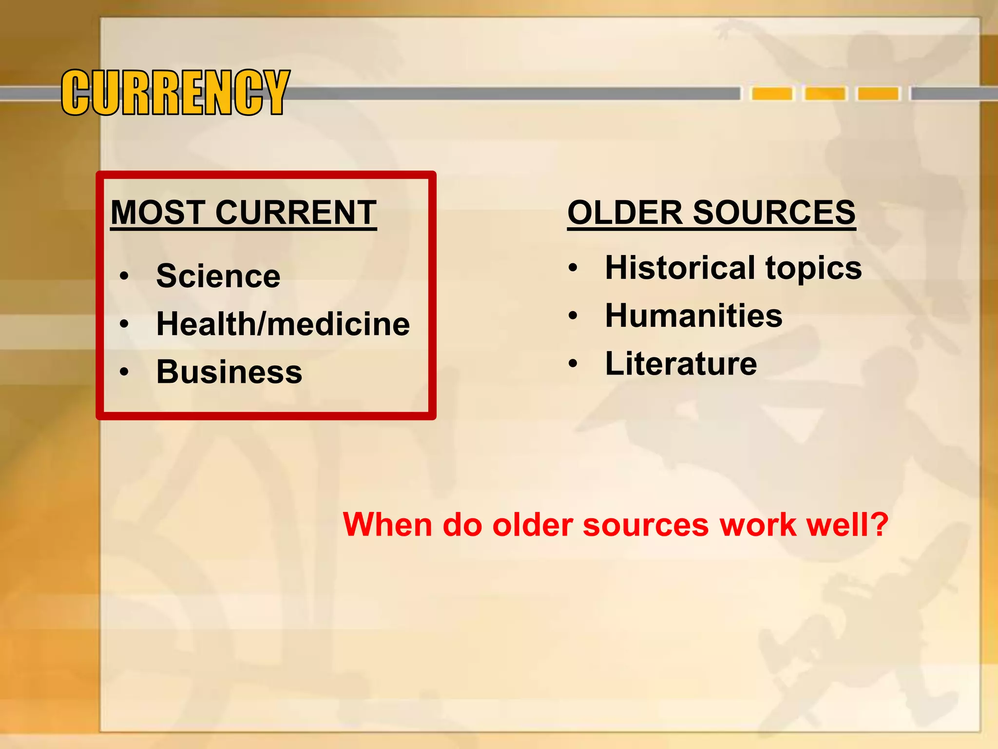 MOST CURRENT
• Science
• Health/medicine
• Business
OLDER SOURCES
• Historical topics
• Humanities
• Literature
When do older sources work well?
 