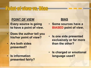 POINT OF VIEW
• Every source is going
to have a point of view.
• Does the author tell you
his/her point of view?
• Are both sides
presented?
• Is information
presented fairly?
BIAS
• Some sources have a
BIASED point of view.
• Is one side presented
exclusively or far more
than the other?
• Is charged or emotional
language used?
 