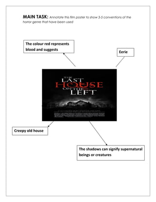 MAIN TASK: Annotate this film poster to show 3-5 conventions of the 
horror genre that have been used 
Creepy old house 
Eerie 
The shadows can signify supernatural 
beings or creatures 
The colour red represents 
blood and suggests 
violence and death 
 