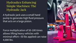 preencoded.png
Hydraulics Enhancing
Simple Machines: The
Hydraulic Jack
A hydraulic jack uses a small hand
pump to generate high fluid pressure
that acts on a large piston.
Force multiplication of 50-100 times
allows lifting heavy vehicles with
minimal effort—50 lbs applied can raise
4,000 lbs.
 