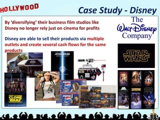Case Study - Disney
By ‘diversifying’ their business film studios like
Disney no longer rely just on cinema for profits

Disney are able to sell their products via multiple
outlets and create several cash flows for the same
products
 