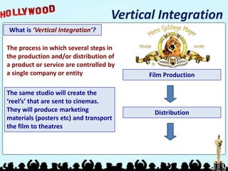 Vertical Integration
What is ‘Vertical Integration’?

The process in which several steps in
the production and/or distribution of
a product or service are controlled by
a single company or entity                Film Production

The same studio will create the
‘reel’s’ that are sent to cinemas.
They will produce marketing                Distribution
materials (posters etc) and transport
the film to theatres
 
