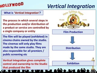 Vertical Integration
What is ‘Vertical Integration’?

The process in which several steps in
the production and/or distribution of
a product or service are controlled by
a single company or entity                 Film Production
The film will be played (exhibited) in
cinema chains owned by the studio.
The cinemas will only play films
made by the same studio. They are           Distribution
also responsible for all premiers /
public screening etc
Vertical Integration gives complete
control and ownership to the Studio          Exhibition
that produced the film
 