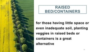 RAISED
BED/CONTAINERS
for those having little space or
even inadequate soil, planting
veggies in raised beds or
containers is a great
alternative
19
 