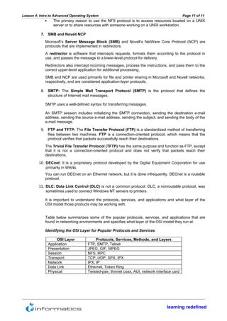 Lesson 4: Intro to Advanced Operating System                                                      Page 11 of 11
             •      The primary reason to use the NFS protocol is to access resources located on a UNIX
                    server or to share resources with someone working on a UNIX workstation.

          7. SMB and Novell NCP
             Microsoft’s Server Message Block (SMB) and Novell’s NetWare Core Protocol (NCP) are
             protocols that are implemented in redirectors.
             A redirector is software that intercepts requests, formats them according to the protocol in
             use, and passes the message to a lower-level protocol for delivery.
             Redirectors also intercept incoming messages, process the instructions, and pass them to the
             correct upper-level application for additional processing.
             SMB and NCP are used primarily for file and printer sharing in Microsoft and Novell networks,
             respectively, and are considered application-layer protocols.

          8. SMTP: The Simple Mail Transport Protocol (SMTP) is the protocol that defines the
                 structure of Internet mail messages.

             SMTP uses a well-defined syntax for transferring messages.

             An SMTP session includes initializing the SMTP connection, sending the destination e-mail
             address, sending the source e-mail address, sending the subject, and sending the body of the
             e-mail message.

          9. FTP and TFTP: The File Transfer Protocol (FTP) is a standardized method of transferring
                 files between two machines. FTP is a connection-oriented protocol, which means that the
                 protocol verifies that packets successfully reach their destinations.
             The Trivial File Transfer Protocol (TFTP) has the same purpose and function as FTP, except
             that it is not a connection-oriented protocol and does not verify that packets reach their
             destinations.

         10. DECnet: It is a proprietary protocol developed by the Digital Equipment Corporation for use
             primarily in WANs.
             You can run DECnet on an Ethernet network, but it is done infrequently. DECnet is a routable
             protocol.

         11. DLC: Data Link Control (DLC) is not a common protocol. DLC, a nonroutable protocol, was
             sometimes used to connect Windows NT servers to printers.

             It is important to understand the protocols, services, and applications and what layer of the
             OSI model those products may be working with.


             Table below summarizes some of the popular protocols, services, and applications that are
             found in networking environments and specifies what layer of the OSI model they run at.

             Identifying the OSI Layer for Popular Protocols and Services

                      OSI Layer              Protocols, Services, Methods, and Layers
                 Application            FTP, SMTP, Telnet
                 Presentation           JPEG, GIF, MPEG
                 Session                NFS, RPC
                 Transport              TCP, UDP, SPX, IPX
                 Network                IPX, IP
                 Data Link              Ethernet, Token Ring
                 Physical               Twisted-pair, thinnet coax, AUI, network interface card




                                                                                       learning redefined
 