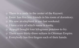  There is a castle in the center of the Kayseri.
 Emre has five boy friends in his room of dormitory.
 We saw an elephant in zoo last weekend.
 I have a toy of which name is tontiş.
 Ayşegül bought four kilograms potatoes to fry.
 There were thirty-three sultans in Ottoman Empire.
 Everybody has five fingers each of their hands.
 