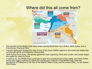 Where did this all come from?
• The borders of the Middle East were drawn during World War I by a Briton, Mark Sykes, and a
Frenchman, Francois Picot
• The two diplomats' divided the map of one of the most volatile regions in the world into states that
cut through ethnic and religious communities.
• 1916 Sykes-Picot treaty, the secret agreement was signed by Paris and London and would shape
the region for years to come
• A century on, the Middle East continues to bear the consequences of the treaty, and many Arabs
across the region continue to blame the subsequent violence in the Middle East, from the
occupation of Palestine to the rise of the Islamic State of Iraq and the Levant (ISIL), on the Sykes-
Picot treaty.
 