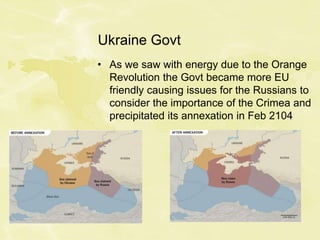 Ukraine Govt
• As we saw with energy due to the Orange
Revolution the Govt became more EU
friendly causing issues for the Russians to
consider the importance of the Crimea and
precipitated its annexation in Feb 2104
 