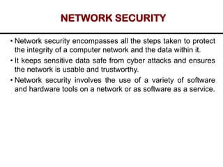 NETWORK SECURITY
• Network security encompasses all the steps taken to protect
the integrity of a computer network and the data within it.
• It keeps sensitive data safe from cyber attacks and ensures
the network is usable and trustworthy.
• Network security involves the use of a variety of software
and hardware tools on a network or as software as a service.
 