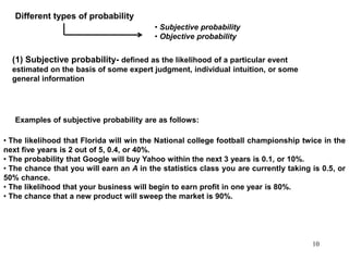 Different types of probability
(1) Subjective probability- defined as the likelihood of a particular event
estimated on th...