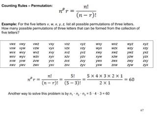 Counting Rules – Permutation:
Example: For the five letters v, w, x, y, z, list all possible permutations of three letters...