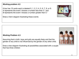 Working problem 4.2:
A box has 10 cards each is labeled 0, 1, 2, 3, 4, 5, 6, 7, 8, or 9.
A represents the event “choose a ...