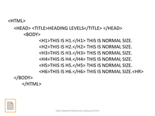 <HTML>
  <HEAD> <TITLE>HEADING LEVELS</TITLE> </HEAD>
      <BODY>
            <H1>THIS IS H1.</H1> THIS IS NORMAL SIZE.
            <H2>THIS IS H2.</H2> THIS IS NORMAL SIZE.
            <H3>THIS IS H3.</H3> THIS IS NORMAL SIZE.
            <H4>THIS IS H4.</H4> THIS IS NORMAL SIZE.
            <H5>THIS IS H5.</H5> THIS IS NORMAL SIZE.
            <H6>THIS IS H6.</H6> THIS IS NORMAL SIZE.<HR>
  </BODY>
     </HTML>




                    http://www.htmltutorials.ca/lesson4.htm
 