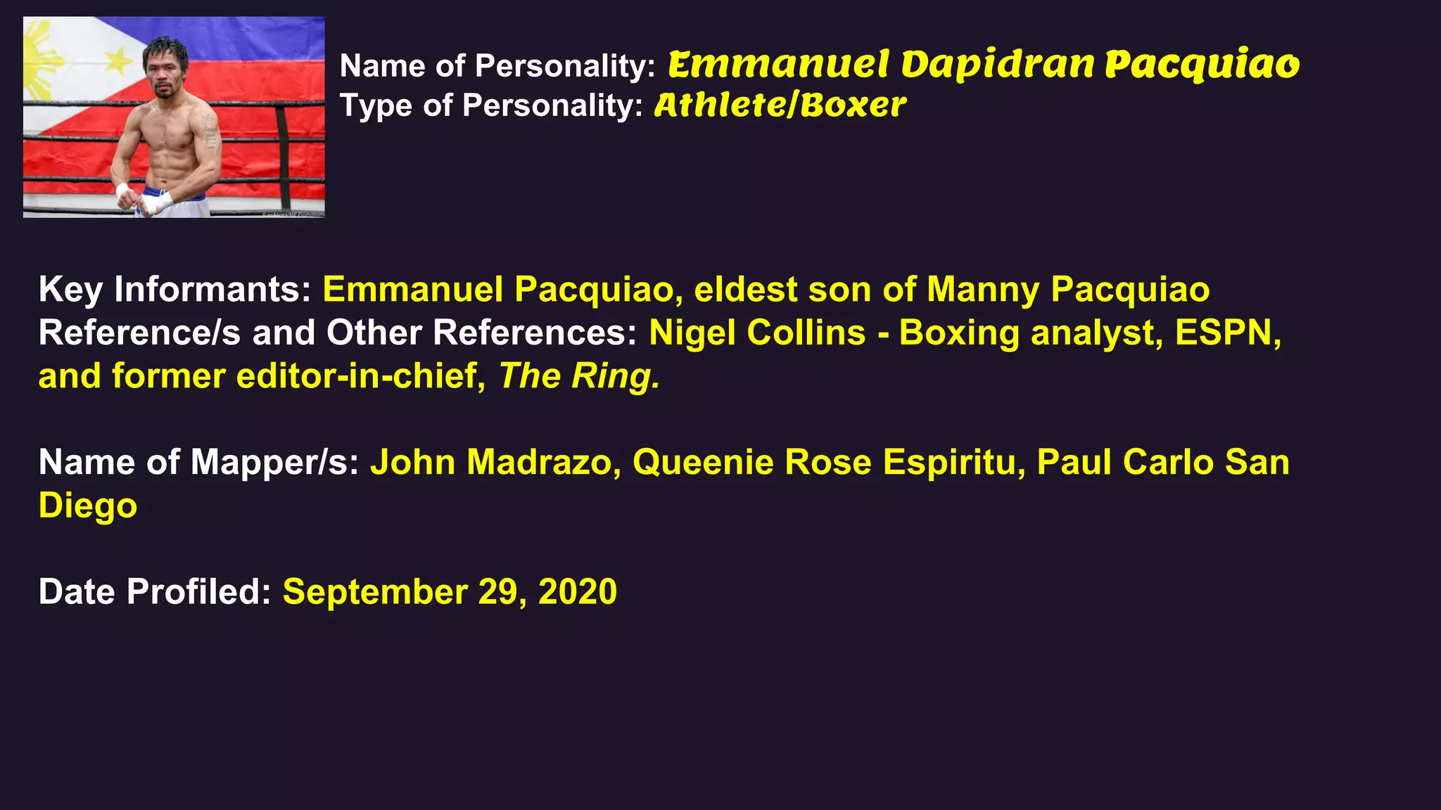 Name of Personality: Emmanuel Dapidran Pacquiao
Type of Personality: Athlete/Boxer
Key Informants: Emmanuel Pacquiao, eldest son of Manny Pacquiao
Reference/s and Other References: Nigel Collins - Boxing analyst, ESPN,
and former editor-in-chief, The Ring.
Name of Mapper/s: John Madrazo, Queenie Rose Espiritu, Paul Carlo San
Diego
Date Profiled: September 29, 2020
 