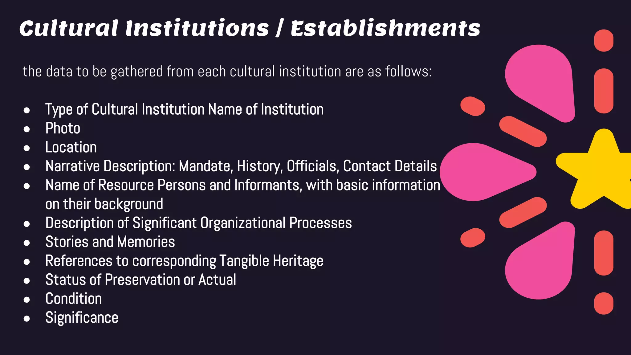 Cultural Institutions / Establishments
the data to be gathered from each cultural institution are as follows:
● Type of Cultural Institution Name of Institution
● Photo
● Location
● Narrative Description: Mandate, History, Officials, Contact Details
● Name of Resource Persons and Informants, with basic information
on their background
● Description of Significant Organizational Processes
● Stories and Memories
● References to corresponding Tangible Heritage
● Status of Preservation or Actual
● Condition
● Significance
 