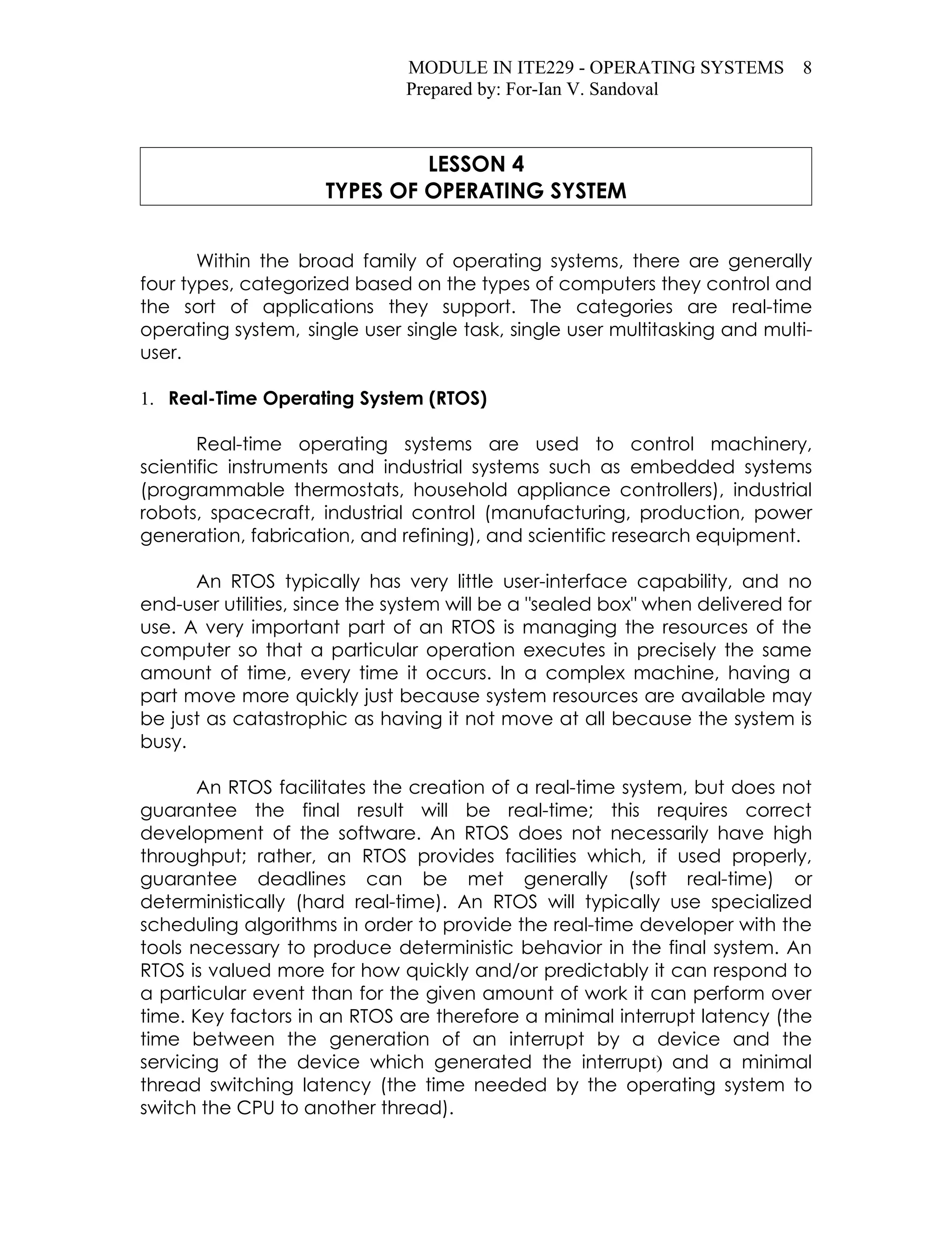 Lesson 4 Types Of Operating Systems | DOC