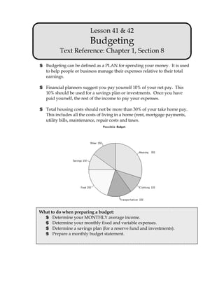 Lesson 41 & 42
                         Budgeting
          Text Reference: Chapter 1, Section 8

$ Budgeting can be defined as a PLAN for spending your money. It is used
  to help people or business manage their expenses relative to their total
  earnings.

$ Financial planners suggest you pay yourself 10% of your net pay. This
  10% should be used for a savings plan or investments. Once you have
  paid yourself, the rest of the income to pay your expenses.

$ Total housing costs should not be more than 30% of your take home pay.
  This includes all the costs of living in a home (rent, mortgage payments,
  utility bills, maintenance, repair costs and taxes.




What to do when preparing a budget:
  $ Determine your MONTHLY average income.
  $ Determine your monthly fixed and variable expenses.
  $ Determine a savings plan (for a reserve fund and investments).
  $ Prepare a monthly budget statement.
 