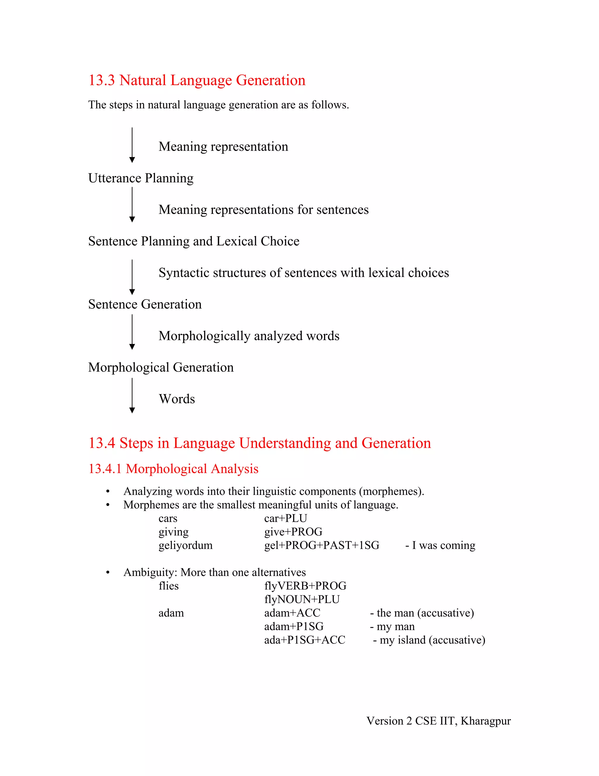 13.3 Natural Language Generation
The steps in natural language generation are as follows.


               Meaning representation

Utterance Planning

               Meaning representations for sentences

Sentence Planning and Lexical Choice

               Syntactic structures of sentences with lexical choices

Sentence Generation

               Morphologically analyzed words

Morphological Generation

               Words


13.4 Steps in Language Understanding and Generation
13.4.1 Morphological Analysis
   •   Analyzing words into their linguistic components (morphemes).
   •   Morphemes are the smallest meaningful units of language.
             cars                    car+PLU
             giving                  give+PROG
             geliyordum              gel+PROG+PAST+1SG          - I was coming

   •   Ambiguity: More than one alternatives
            flies                  flyVERB+PROG
                                   flyNOUN+PLU
            adam                   adam+ACC                - the man (accusative)
                                   adam+P1SG               - my man
                                   ada+P1SG+ACC             - my island (accusative)




                                                           Version 2 CSE IIT, Kharagpur
 