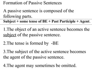Formation of Passive Sentences
A passive sentence is composed of the
following parts.
Subject + some tense of BE + Past Participle + Agent.
1.The object of an active sentence becomes the
subject of the passive sentence.
2.The tense is formed by -BE
3.The subject of the active sentence becomes
the agent of the passive sentence.
4.The agent may sometimes be omitted.
 
