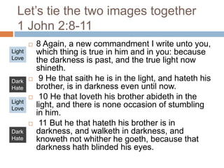 Let’s tie the two images together
1 John 2:8-11
 8 Again, a new commandment I write unto you,
which thing is true in him and in you: because
the darkness is past, and the true light now
shineth.
 9 He that saith he is in the light, and hateth his
brother, is in darkness even until now.
 10 He that loveth his brother abideth in the
light, and there is none occasion of stumbling
in him.
 11 But he that hateth his brother is in
darkness, and walketh in darkness, and
knoweth not whither he goeth, because that
darkness hath blinded his eyes.
Light
Love
Light
Love
Dark
Hate
Dark
Hate
 