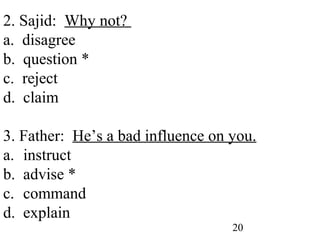 20
2. Sajid: Why not?
a. disagree
b. question *
c. reject
d. claim
3. Father: He’s a bad influence on you.
a. instruct
b. advise *
c. command
d. explain
 